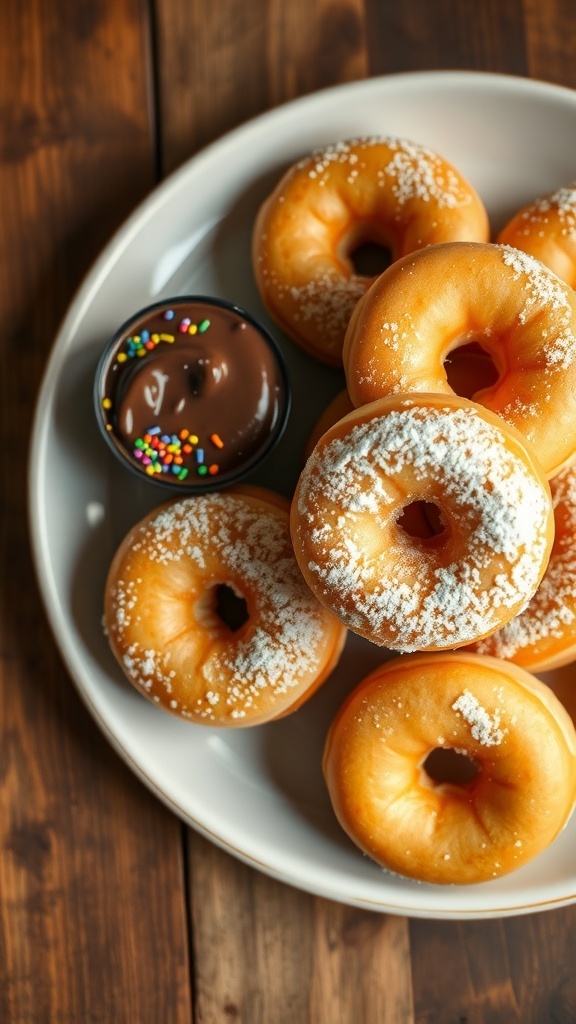Homemade Bread Machine Donuts Recipe A plate of golden brown donuts dusted with powdered sugar, with a bowl of chocolate glaze and sprinkles.